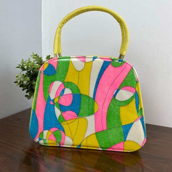 Vintage Mid Century Psychedelic Disco Mod Vinyl Top Handle Handbag Tote MCM GoGo - Picture 1 of 12